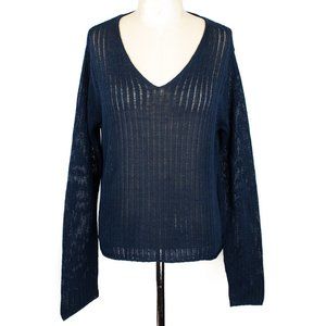 Eileen Fisher Dark Blue Open Knit V-Neck Sweater L